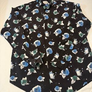 Zara Black Button-Down Shirt with Blue & Green Rose Print